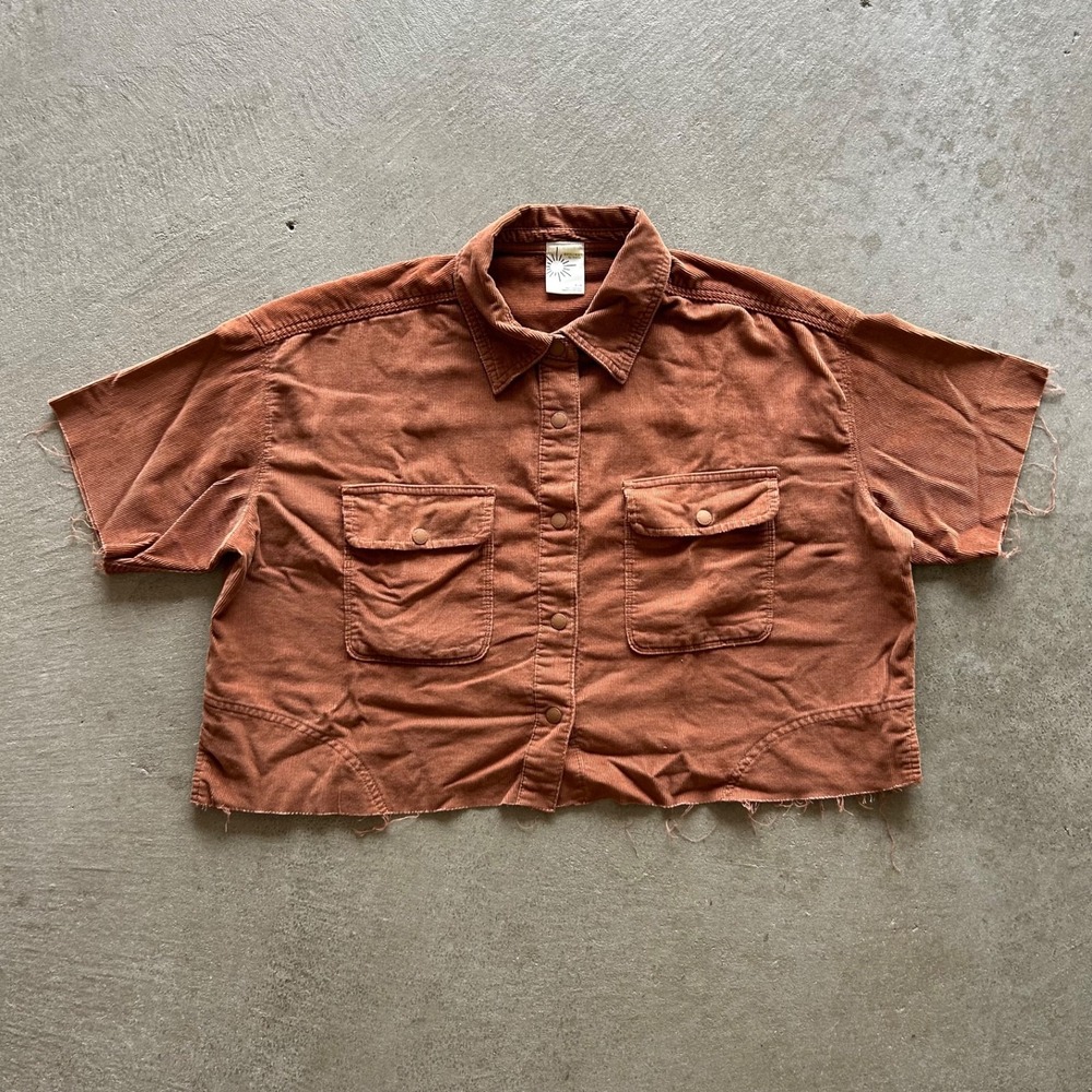OFFLINE by Aerie Corduroy Button Up Shirt Womens Small Rust Raw Hem Cropped